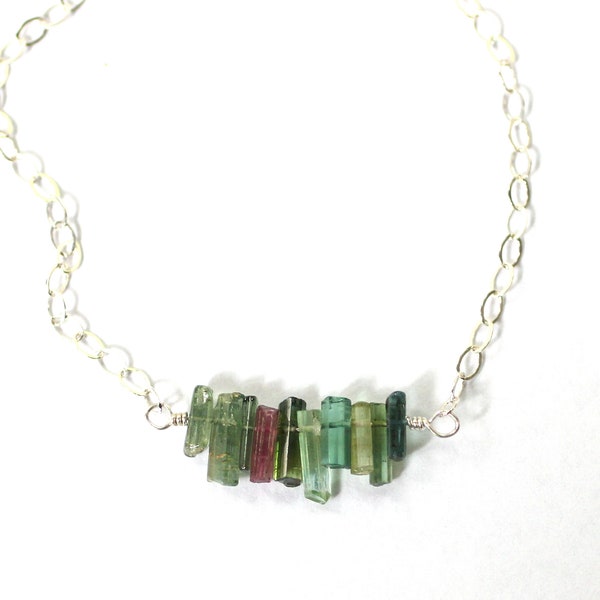 Green Tourmaline Necklace, October Birthstone, Crystal Stick Pendant, Crystal Points, Dainty Gemstone Jewelry, Tourmaline Crystal Necklace