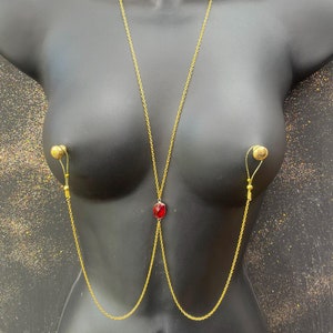 Body chain lingerie accessory. Nipple jewelry non piercing. Sexy body chain. Nipple clamps necklace. Mature.
