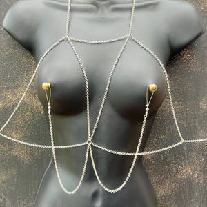 Body chain lingerie accessory. Nipple jewelry non piercing. Sexy body chain. Nipple clamps necklace. Mature.