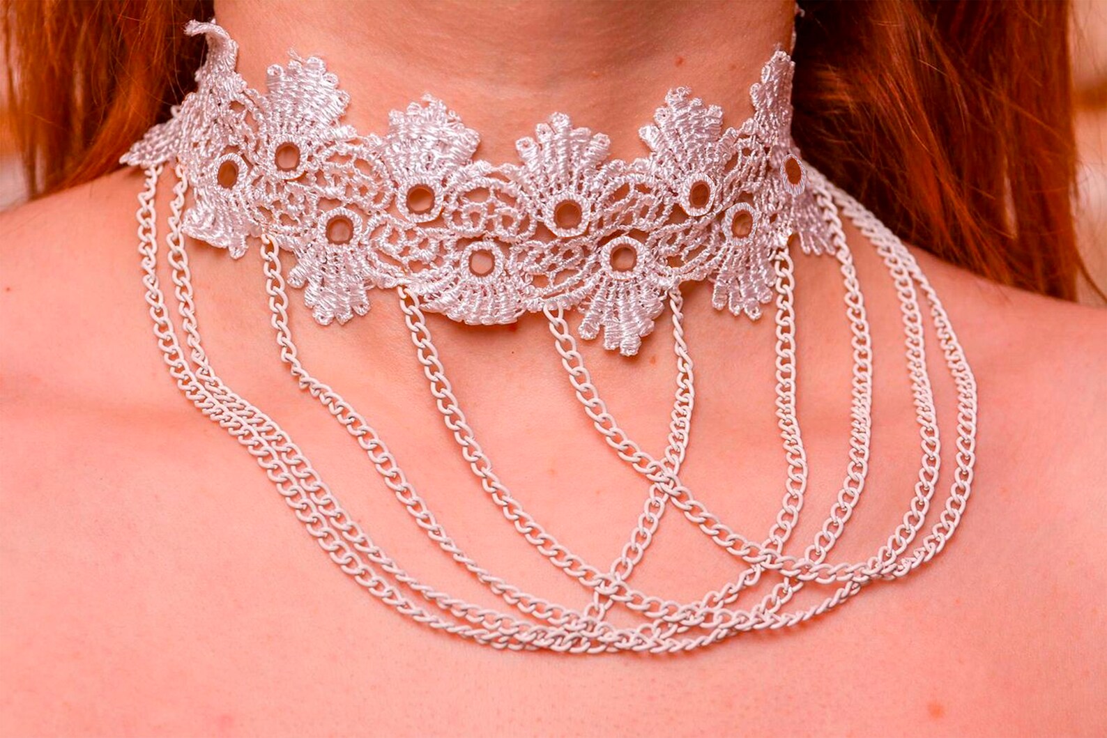 Nipples Jewelry With White Lace Collar. Fake Nipple Piercing. Etsy