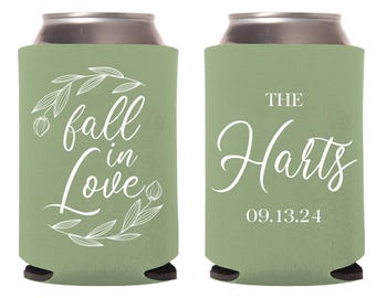 Fall In Love Custom Can Coolers, Custom Wedding Can Coolers, Personalized Wedding Beer Huggers, Custom Wedding Can Coolers as Favors (294)