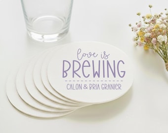 Love Is Brewing Wedding Coasters, Custom Coaster Favors, Personalized Wedding Coaster, Wedding Coaster Keepsake, Coasters Table Decors (410)