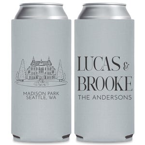 Personalized Wedding Venue Can Coolers, Customized Wedding Venue Can Coolers Favors, Slim Can Coolers Wedding Favors, Slim Can Holders (419)