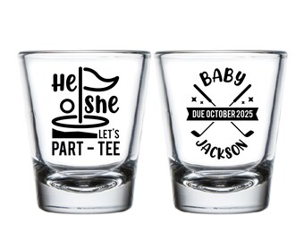 He Or She Let's Partee Gender Reveal Shot Glass Favors, Customized Golf Gender Reveal Shot Glass Favors, Custom Baby Shower Shot Glass (396)