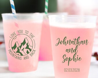 Love You To The Mountains and Back Frosted Cups, Mountain Wedding Cup Favors, Rustic Mountain Wedding Plastic Cups for Reception, Bulk (184)