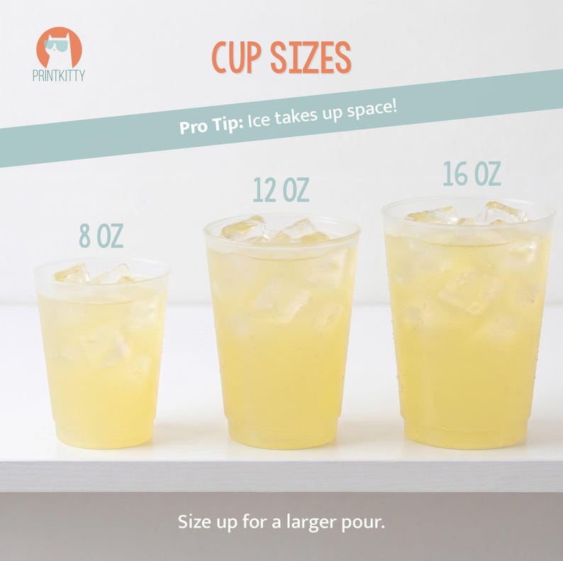 three different sizes of plastic cups filled with a yellow liquid, likely lemonade or iced tea, with ice cubes.