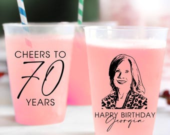 Personalized Portrait Cups, Custom Birthday Cups, Party Cups, 70th Birthday, Plastic Cup, Frosted Cups, Custom Cups, Plastic Cup Favor (208)