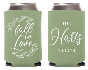 Fall In Love Custom Can Coolers, Custom Wedding Can Coolers, Personalized Wedding Beer Huggers, Custom Wedding Can Coolers as Favors (294)