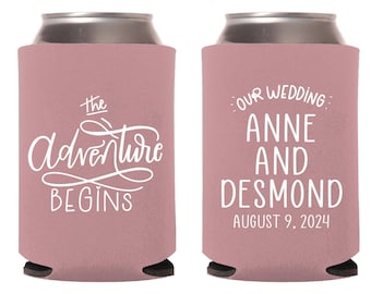 The Adventure Begins Can Coolers For Weddings, Can Cooler Favors For Weddings, Customized Beer Hugger Wedding Favor, Custom Can Cooler (382)