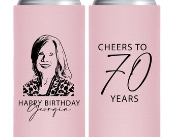 Cheers to 70 Years Birthday Slim Can Coolers, Personalized Birthday Can Cooler Favors, Customized 70th Birthday Slim Can Cooler Favors (208)