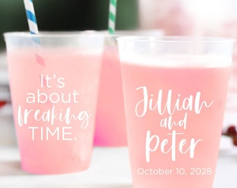 It's About Freaking Time Frosted Cups, Personalized Wedding Frosted Cup Favors, Customized Frosted Cup Favor, Customized Wedding Favor (413)