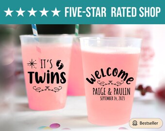 It's Twins Baby Shower Frosted Cup, Custom Baby Shower Frosted Cup Favors, Welcome Baby Shower Frosted Cups, Custom Plastic Cup Favors (235)