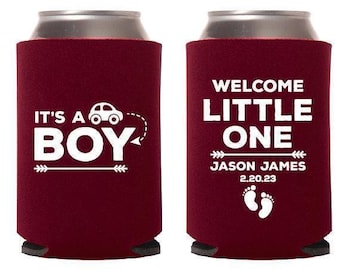 It's A Boy Custom Baby Shower Can Coolers, Welcome Little One Baby Shower Can Coolers, Personalized Beer Huggers, Beer Hugger Favors (234)