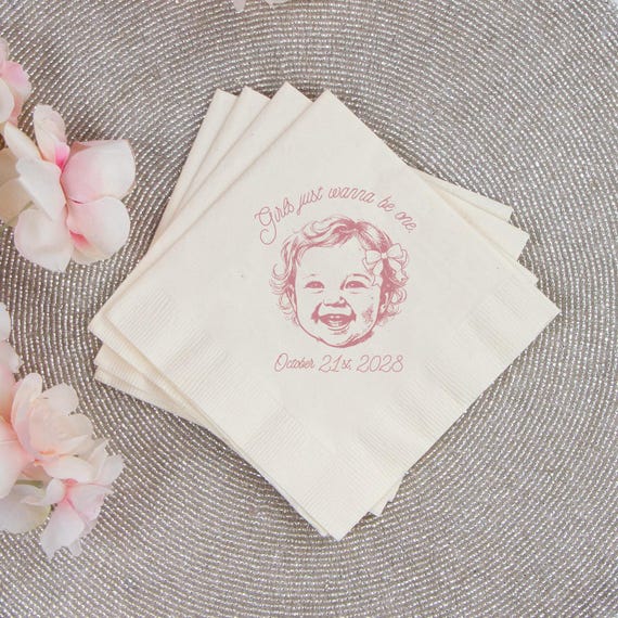 Coquette Themed First Birthday Napkin, Personalized First Birthday Napkin Favors, Personalized Girls Just Wanna Be One Birthday Napkin (456)