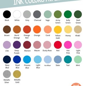 a list of various ink colors available for use in a full-color print, along with a note that every color is possible. The colors include black, white, grey, charcoal, sage, green, pink, and more. The image also includes a note that the full-color print capability means every color is possible, and that the colors may differ from what is seen, as screen settings and colors vary.