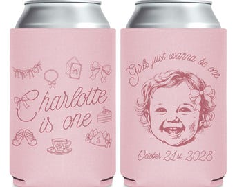 Coquette Themed First Birthday Can Coolers, Personalized First Birthday Can Cooler Favors, Girls Just Wanna Be One Birthday Can Cooler (456)
