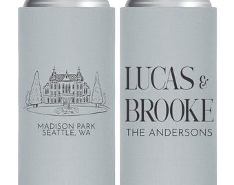 Personalized Wedding Venue Can Coolers, Customized Wedding Venue Can Coolers Favors, Slim Can Coolers Wedding Favors, Slim Can Holders (419)