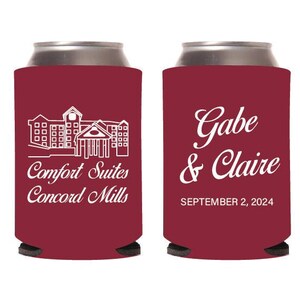 Personalized Wedding Venue Can Cooler Favor, Custom Can Cooler Wedding Favors, Custom Wedding Venue Beer Hugger Favors, Wedding Cooler (215)