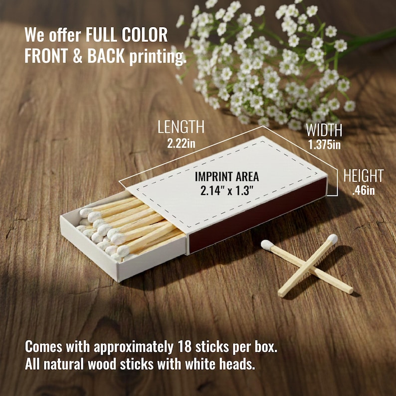 a wooden surface with a box containing approximately 18 sticks of matches, along with a bouquet of white flowers. The text provides details about the product, including the dimensions and features.