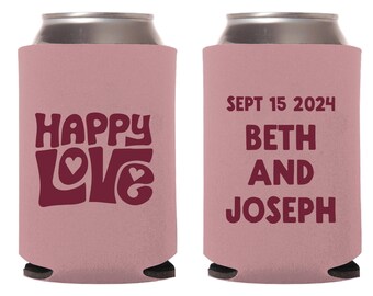 Happy Love Wedding Can Coolers, Personalized Wedding Reception Can Cooler Favors, Customized Wedding Can Coolers, Beer Hugger As Favor (383)