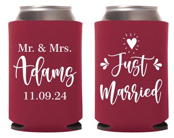 Just Married Custom Can Coolers, Custom Wedding Can Coolers as Favors, Custom Wedding Can Coolers, Personalized Wedding Beer Huggers (298)