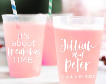 It's About Freaking Time Frosted Cups, Personalized Wedding Frosted Cup Favors, Customized Frosted Cup Favor, Customized Wedding Favor (413)