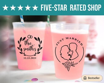 Just Married Wedding Frosted Cup, Just Married Frosted Cup Wedding Favor, Custom Wedding Plastic Cup, Personalized Wedding Frosted Cup (229)