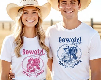 Cowgirl Mama Shirt, Cowgirl Papa Shirt, Matching Rodeo Shirts, Western Couple Shirts, First Rodeo Outfit, Cowboy and Cowgirl Tee, Rodeo Tees