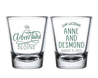 The Adventure Begins Shot Glasses For Weddings, Shot Glass Favors For Weddings, Customized Shot Glass Wedding Favor, Custom Shot Glass (382)