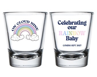 On Cloud Nine Baby Shower Shot Glasses, Full Color Baby Shower Shot Glass Favors, Custom Celebrating Our Rainbow Baby Shot Glass Favor (407)