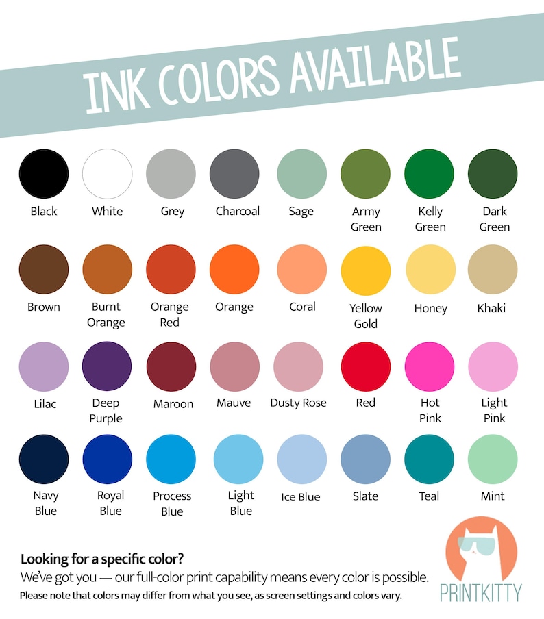 The image is a collection of 24 different ink color samples, each with a unique color and description. The colors include black, white, grey, charcoal, sage, army green, green, kelty, dark green, green, brown, burnt orange, coral, yellow, honey, khaki, purple, maroon, dusty rose, red, hot pink, light pink, blue, blue, mint, teal, slate, and teal.