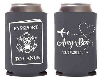 Passport to Destination Can Coolers - Custom Wedding Can Coolers - Personalized Can Coolers - Wedding Favors- Wedding - Can Coolers (21)