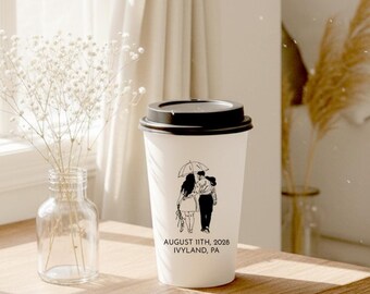 Custom Couple Portrait Wedding Coffee Cups, Personalized Couple Portrait Wedding Cup Favors, Customized Paper Coffee Cup Wedding Favor (429)