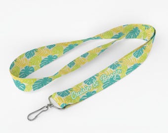 Tropical Lanyard, Custom Lanyard, Personalized Lanyard, Leaf Print Lanyard, Green Lanyard, Yellow Lanyard, Summer Beach Theme Lanyards (438)