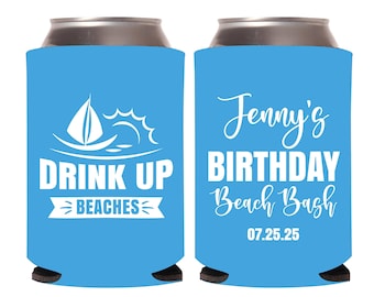 Beach Birthday Can Coolers, Beach Birthday Bash, Beach Can Coolers, Personalized Can Cooler, Custom Can Cooler, Beach Can Cooler Favor (365)