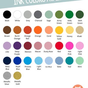 a list of various ink colors available for use in a full-color print, along with a note that every color is possible. The colors include black, white, grey, charcoal, sage, green, pink, and more. The image also includes a note that the full-color print capability means every color is possible, and that the colors may differ from what is seen, as screen settings and colors vary.