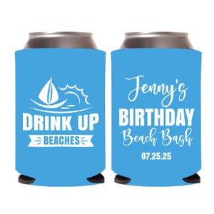 Beach Birthday Can Coolers, Beach Birthday Bash, Beach Can Coolers, Personalized Can Cooler, Custom Can Cooler, Beach Can Cooler Favor (365)