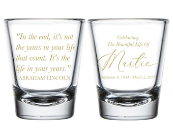 Celebration of Life Shot Glasses, Funeral Shot Glass Favors, Personalized Memorial Shot Glass Favors, Custom Sympathy Shot Glass Favor (454)