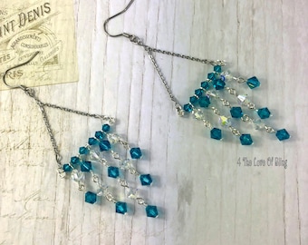 Waterfall Chandelier Earrings made with teal Swarovski Crystals