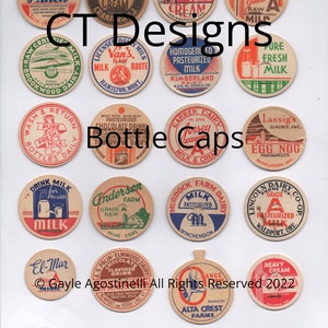May include: A collection of 15 vintage milk bottle caps with various designs and colors. The caps feature different dairy brands, locations, and slogans. Some of the caps are red, white, and blue, while others are green, yellow, and brown. The caps are all round and have a raised rim.