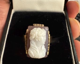 May include: A gold ring with a cameo featuring a carved white figure of a woman's head. The cameo is set in a rectangular frame with a purple background.