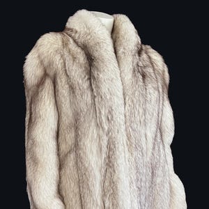 May include: A full-length, light-colored fur coat with a plush texture. The coat has long sleeves and a wide collar, displayed on a mannequin against a black background. The text "find your dream fur at MOXIEFURS.COM" is at the bottom.