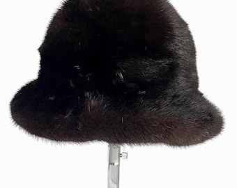 Dark Brown MINK Fur Hat, Women&#39;s Vintage Ranch Brim Cap, Mahogany Retro Black Wedding Hat for Vintage Fox Coat, Great Gatsby Party, Small