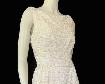 Vintage Sequined Sheath Wiggle Dress, '60s 50s Flapper, Ivory Bridal Wedding Gown, Gift for Her