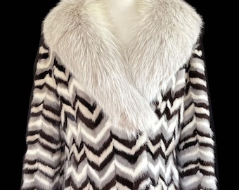 MINK & FOX Fur Spy Trench Coat, Chevron Belted Jacket, Real Vintage Luxury Gift, Winter Wedding Bridal Stroller Bolero, Gray Brown, Small