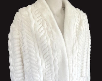 Christian Dior Ivory Cable Knit MINK Fur Coat, Wedding Bride Bolero Sweater Jacket Coat, White Stole Wrap Luxury Designer Diva Celeb Gift