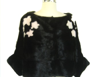 Black MINK Fur Bolero Jacket , Flower Poncho Cape , Winter Wedding Coat, Bridesmaid Stole Wrap , Mother of the Bride Shawl Gift
