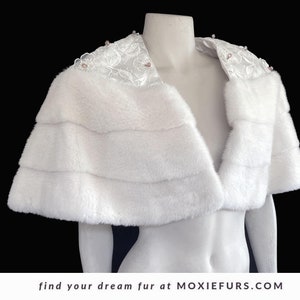 White MINK Fur Cape, Flowered Beaded Ivory Bridal Stole, Wedding Bride Bolero Jacket Coat, Great Gatsby Party Stole Bridesmaid Gift Shawl