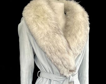 Leather & Norwegian FOX Fur Long Spy Coat, Real Vintage Belted Jacket, Gray Blue Winter Wedding Bolero, Almost Famous Shawl Stole Gift