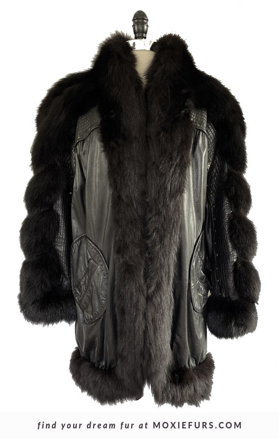 Black FOX Fur & Leather Coat, '80s Diva Real Vinta